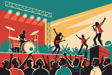 Create a stylized vector illustration of an open-air concert, vibrant and energetic, featuring a stage, crowd, and musical instruments, in a bold, graphic style.