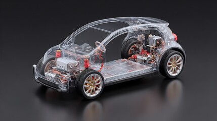Naklejka premium Transparent Vehicle Model Displaying Internal Mechanism with Detailed Components
