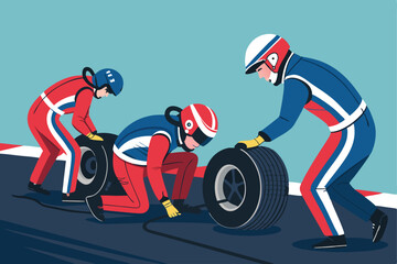 Create a stylized vector illustration of a pit crew member wearing a helmet, emphasizing dynamic action and speed.  Focus on clean lines and bold colors.
