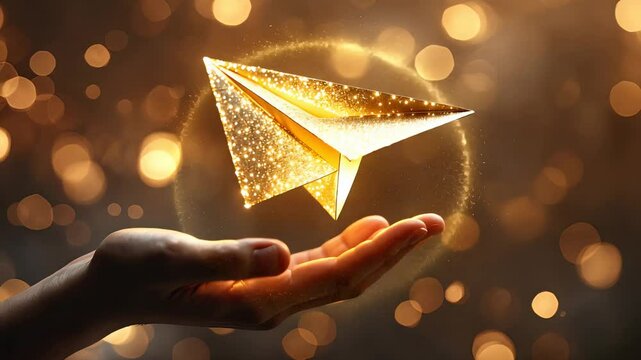 Glowing golden paper airplane floating above hand with sparkling bokeh lights