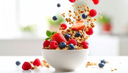 A bowl of granola with fresh strawberries, blueberries, raspberries, and nuts, with ingredients falling into the bowl in a bright kitchen setting.