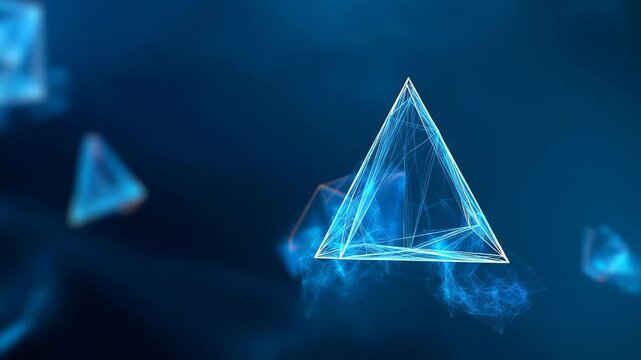 Glowing Plexus Triangle Network Animation. High-resolution 4K still frame. A central, glowing wireframe triangle/pyramid shape is prominent against a deep blue background.