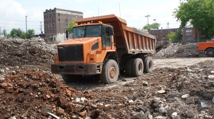 Orange dump truck on construction site