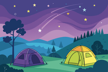 Create a vector illustration of several camping tents nestled in a vibrant meadow under a breathtaking, detailed galaxy night sky.