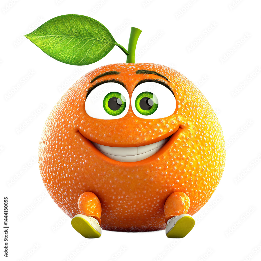 Poster digital rendering of a cartoon orange fruit with a happy expression and large eyes. it is sitting, a