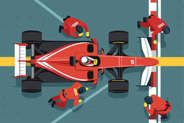 Overhead vector illustration of a Formula 1 race car entering a pit stop, showcasing tire change mechanics and equipment.