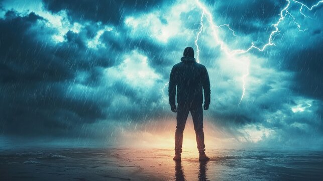 A person standing strong amidst a storm, representing mental resilience.