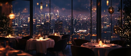 Elegant restaurant dining with city skyline view at night