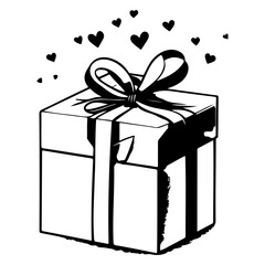 Monochrome gift box illustration adorned with floating heart embellishments