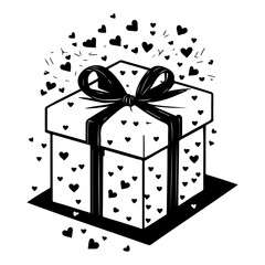 Monochrome gift box illustration adorned with floating hearts and ribbon bow