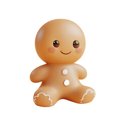 Rendered, cartoon gingerbread man, seated, with a cheerful expression, against a multi-toned, simple backdrop.