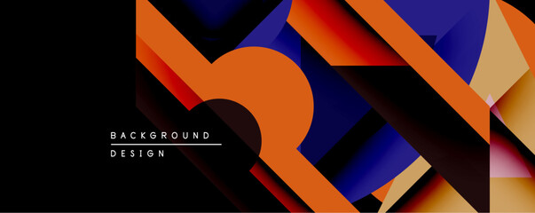 Abstract geometric design features overlapping layers, vibrant orange, blue, red hues. Modern aesthetic, dynamic composition, dark background creates contrast.