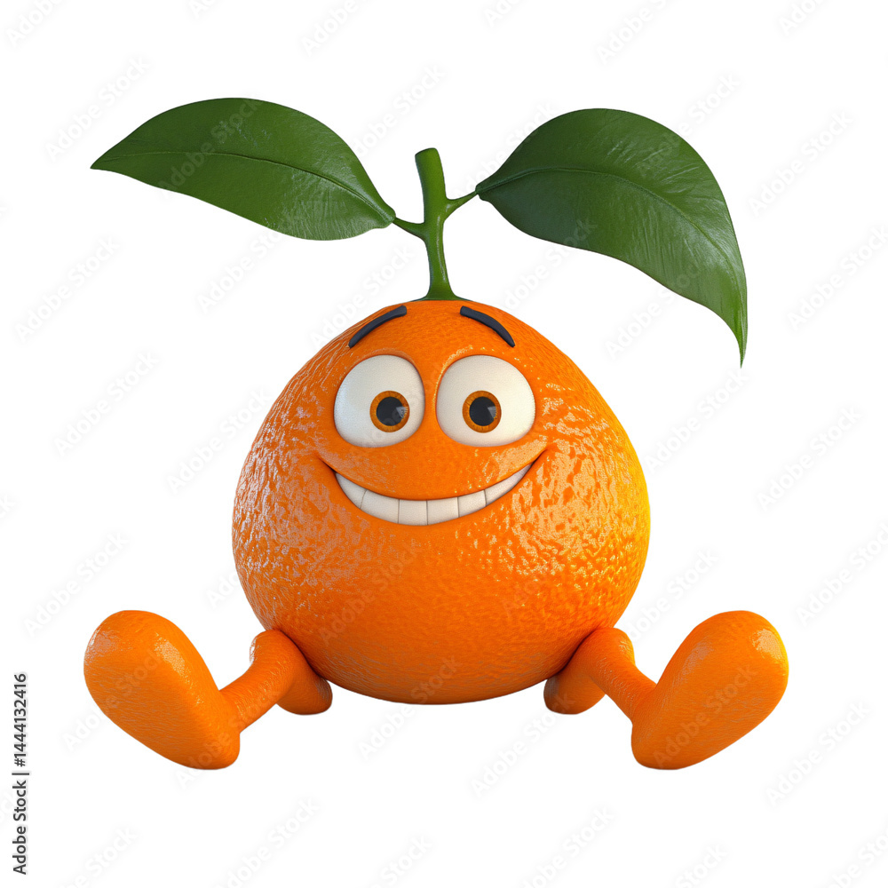 Fototapete Cartoon depiction of an orange with a happy expression sitting down.  It features a cheerful face and is designed in a 3D style.