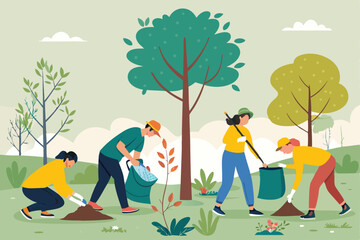 Create a vibrant vector illustration depicting a diverse group of smiling volunteers actively cleaning up a park or public space, showcasing teamwork and environmental responsibility.