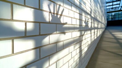 Shadowy hands on a white brick wall