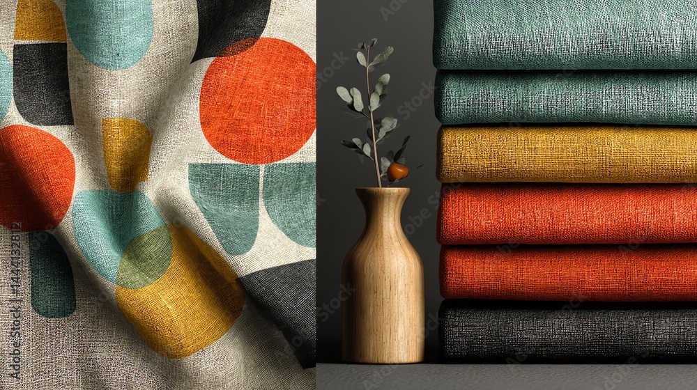 Poster textile still life displaying colorful geometric pattern and stacked fabric