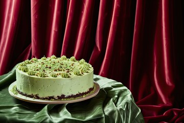 A large round Pistachio cream cake with crushed pistachios, placed on a table under red velvet curtains. Soft sage green background, dramatic lighting with strong shadows and highlights.