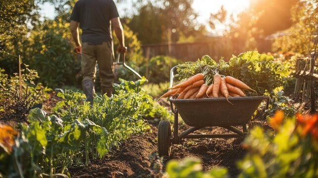 A gardener pushing a wheelbarrow full of freshly harvested vegetables, such as carrots and squash, through a community garden glowing under the sun.