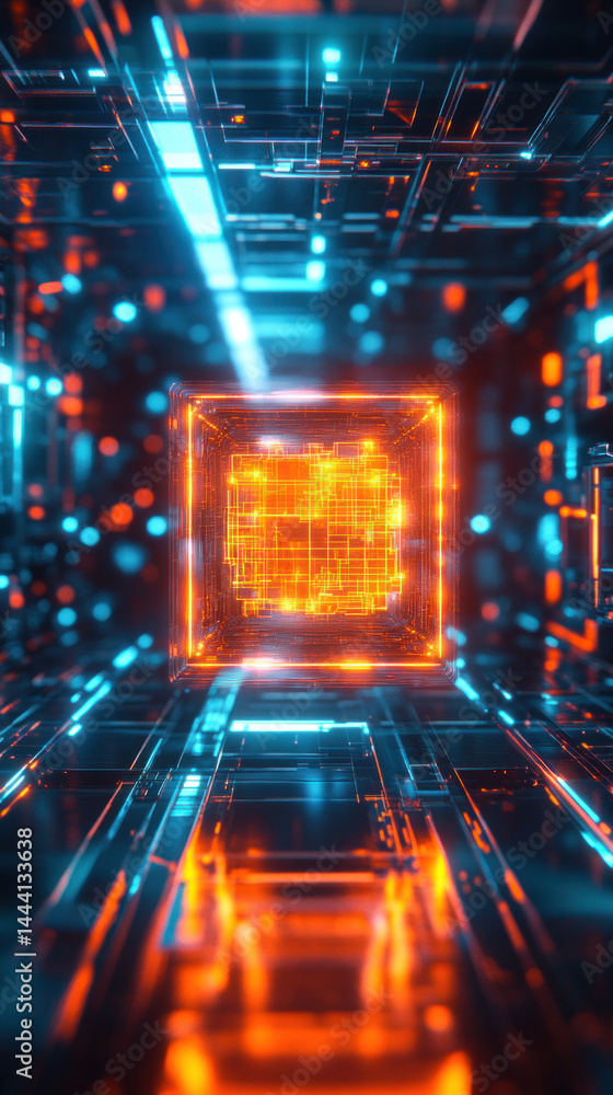 Poster a computer chip is lit up in a blue and orange light. the image is a representation of a computer ch