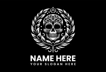 Bold Decorative Skull Graphic. Festive Mexican Design (White on Black)