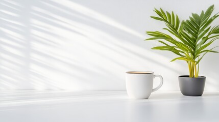 Minimalist workspace with coffee and plant. Sunlight casts shadows on a white surface