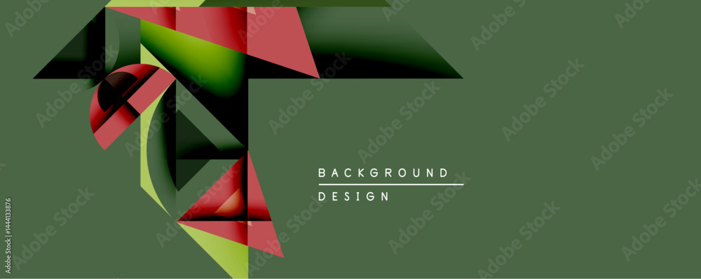 Poster abstract geometric design features overlapping red, green shapes. dark olive background provides con
