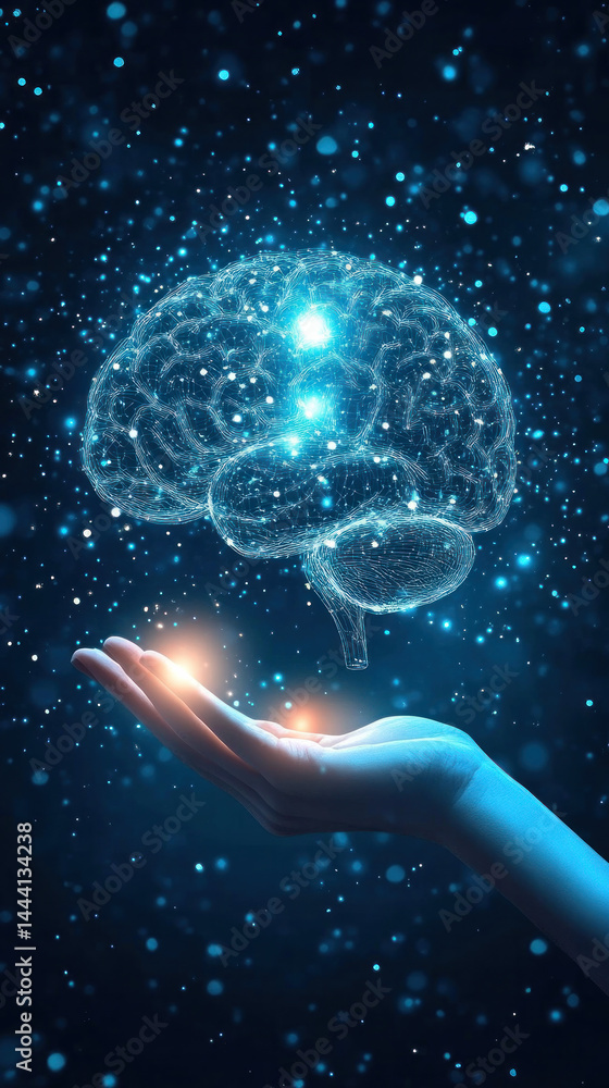 Poster a hand holding a brain with a starburst background. the brain is glowing and surrounded by a starbur