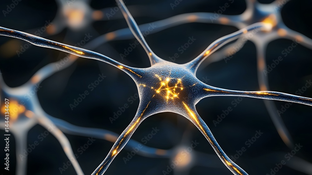 Poster the image shows a detailed microscopic view of neurons, nerve cells, interconnected and firing, with