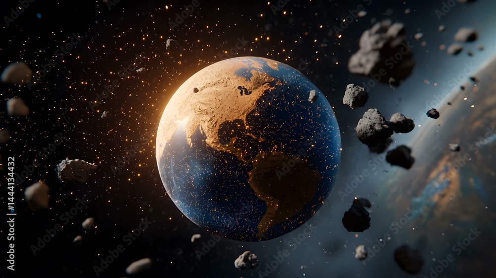 Poster a digital rendering depicts earth, partially obscured by a multitude of asteroids and glowing partic