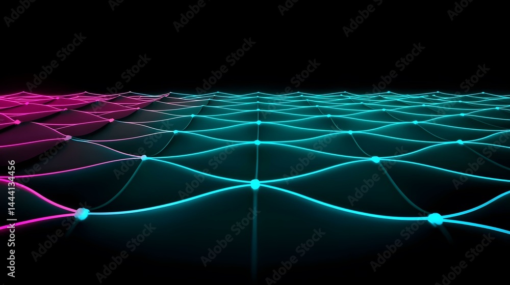 Aufkleber the image shows a dark background with a wavy, grid-like surface illuminated by vibrant neon pink an