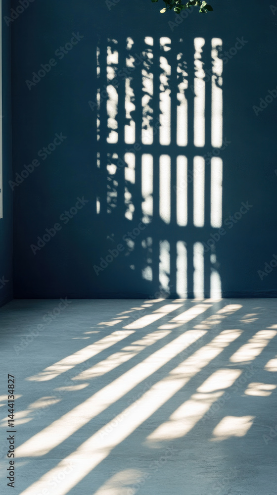Poster a blue wall with a window and a plant in front of it. the window is open, and the sunlight is shinin