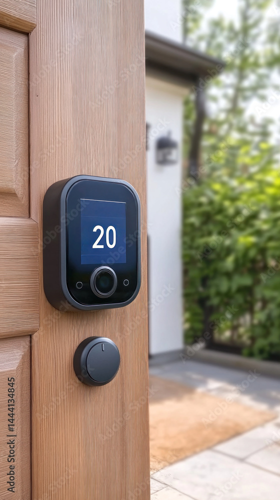Poster a smart lock with a digital display that shows the number 20. the lock is attached to a wooden door