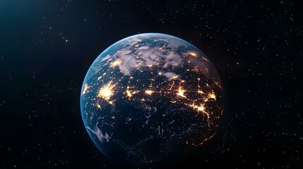 Fototapeta premium The image shows a view of Earth from space at night, with city lights illuminating the continents and a dark background of stars.