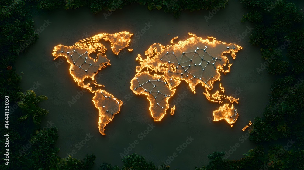 Poster a fiery, illuminated world map is embedded within a lush green border, its continents connected by a