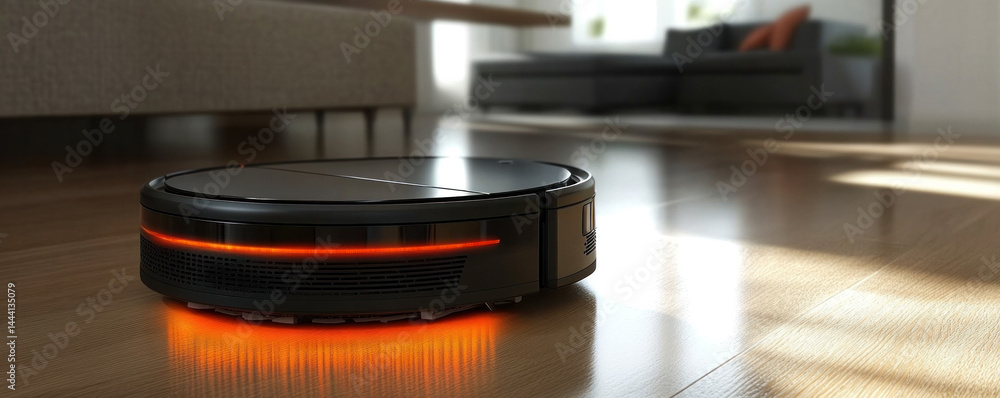 Aufkleber a robot is on the floor with orange lights. the robot is black and has a circular shape