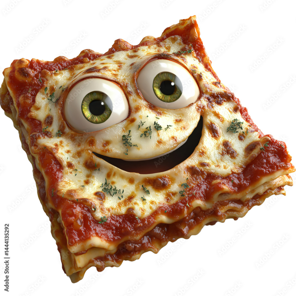 Aufkleber digitally rendered, cartoon representation of a lasagna, with exaggerated features and a smiling exp