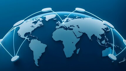 The image shows a three-dimensional model of the Earth with glowing lines connecting various points across the globe, symbolizing a global network or interconnectedness.