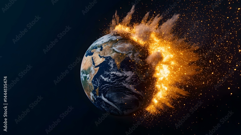 Poster the image shows a planet earth being struck by a massive fiery explosion. a ring of fire and debris 