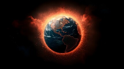 The image shows a digital rendering of planet Earth, specifically focusing on the Americas. The Earth is enveloped in a fiery, orange glow, with lines of light connecting points across the continents