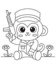 Coloring book little monkey police officer in a cap, holding a rifle