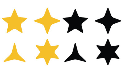 Obraz premium Vector gold stars icons set. Cute realistic cartoon render five, four and triangular star on white background. Glossy plastic yellow different star shapes for decoration