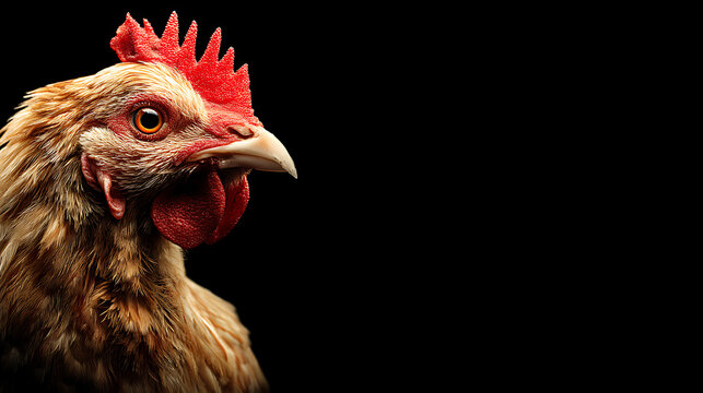 Close-up of a rooster's head showcasing vibrant feathers and striking features against a dark background