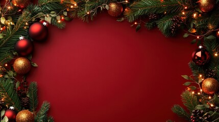 Festive Christmas border featu red and gold ornaments, pine branches, and warm fairy lights on a deep red background creating a circular frame
