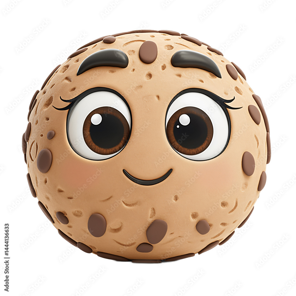 Poster digitally rendered, round cookie character with a cheerful expression. it displays chocolate chip de