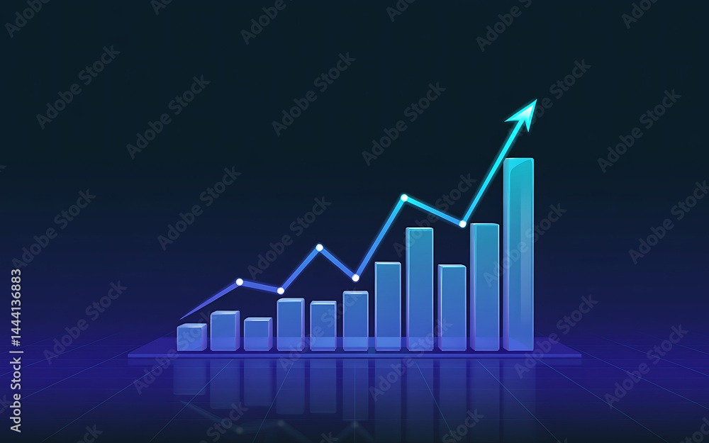 Poster upward growth chart with rising trend line and columns on dark blue background for success and profi