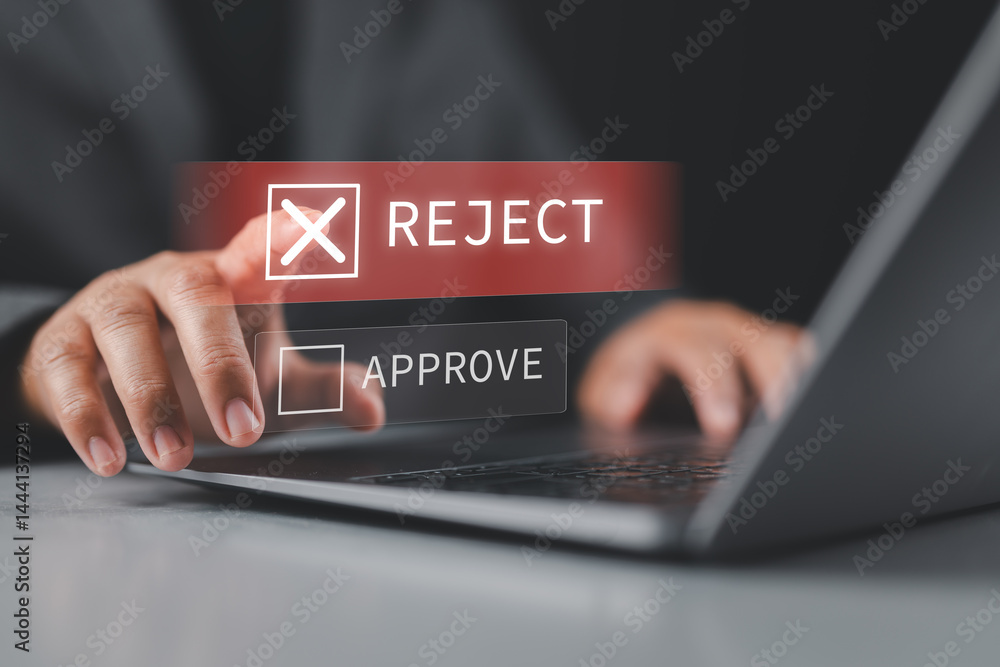 Poster Businessman point to tick correct sign mark in checkbox for reject quality document and project control. Ensuring quality and ISO certification for top Service. Excellence in document correction,