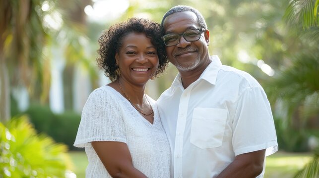 Older African American couple smiling and holding hands outdoors.
