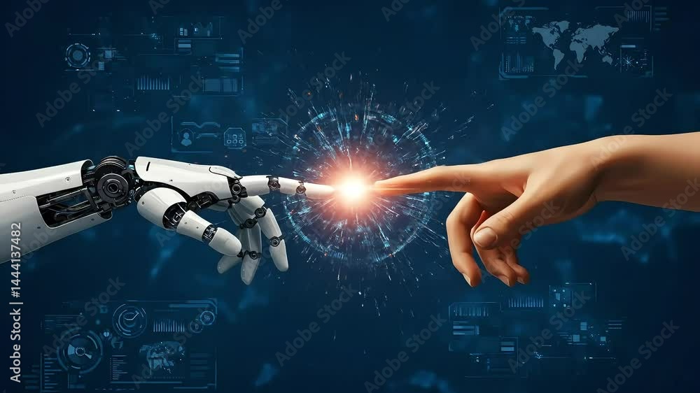 Poster hands of robot and human touching on big data network connection background, science and artificial 