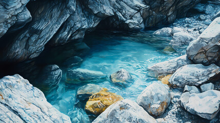 Pristine glacial river winding through rocky valley sculpted by ice and time with sparkling water gliding over ancient stones. [Surreal Oceans] | Fossil Waves | ancient water. Illustration