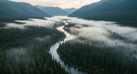 A misty mountain landscape with pine trees and a flowing river